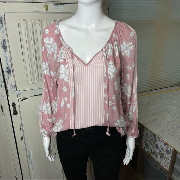 Fred David Pink Floral Tie Neck Long Sleeve Top Size Small - Picture 3 of 15